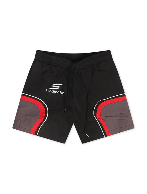 Syndicate black nylon shorts featuring a white logo, grey side panels, red accents, and an adjustable drawstring waist.