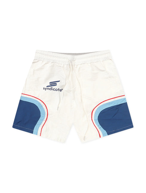 White Syndicate nylon shorts featuring a drawstring waist and navy and light blue side panel accents with red piping.