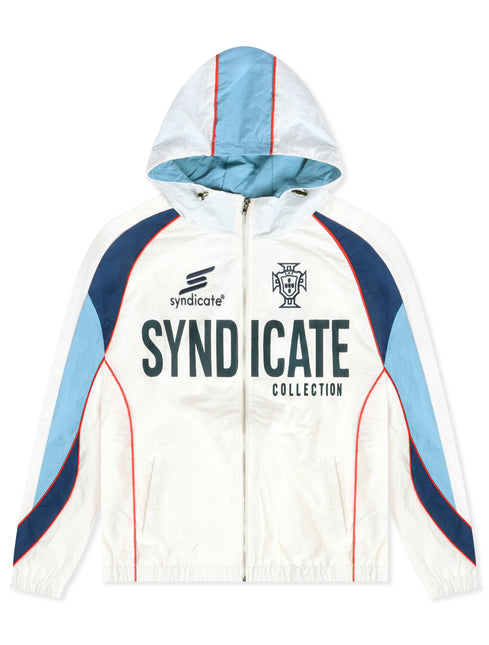 Syndicate nylon track jacket in white with blue panels, red piping, a zip-up hood, and Syndicate logo branding.