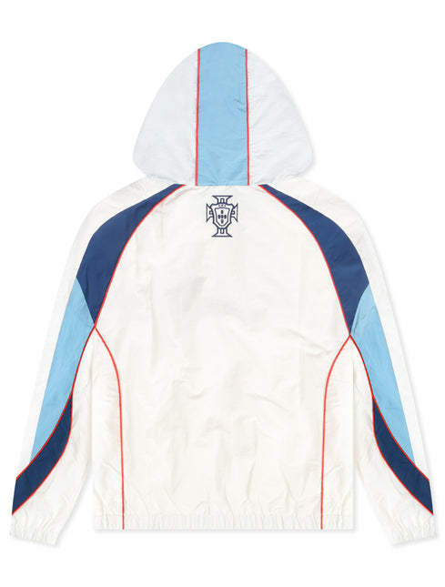 Back view of a white nylon Syndicate track jacket featuring a hooded design, light blue panels, and dark blue accents.