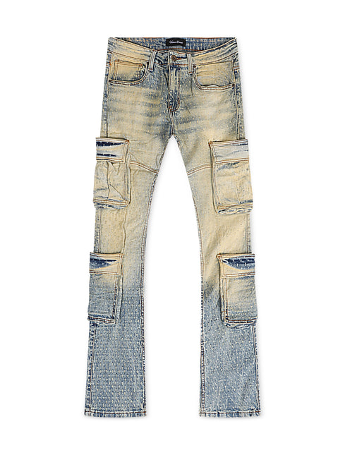 Vicious Denim Dual Cargo Stacked Flare Jeans - Light Vintage