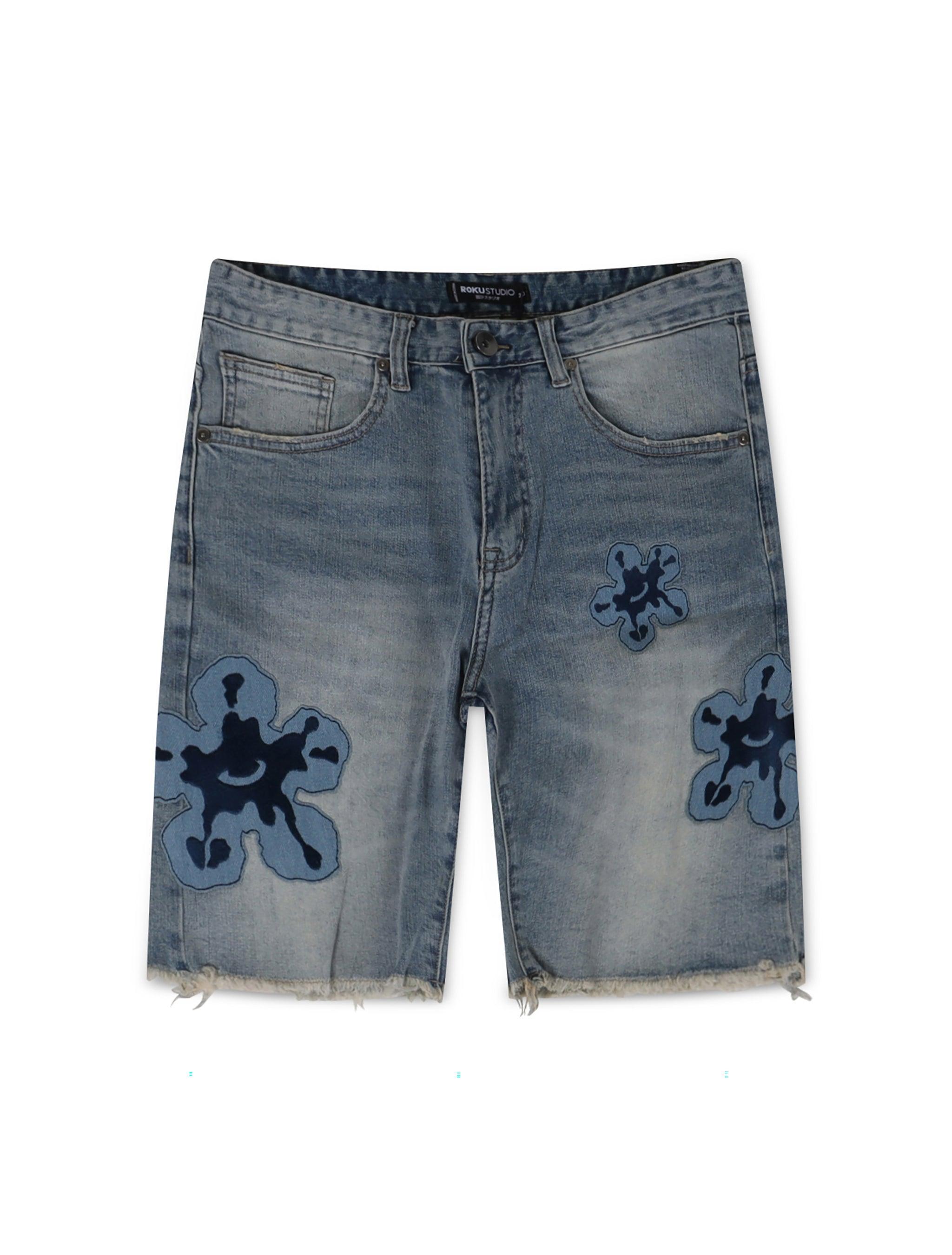 ROKU STUDIO DENIM PATCH TEAR SHORTS - LIGHT WASH