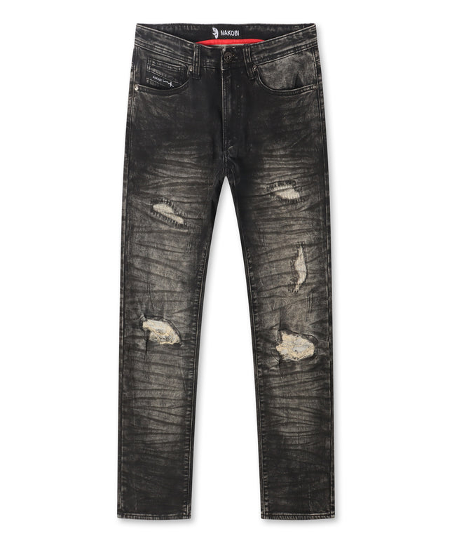 Makobi Distressed Straight Leg Jeans – Black Wash