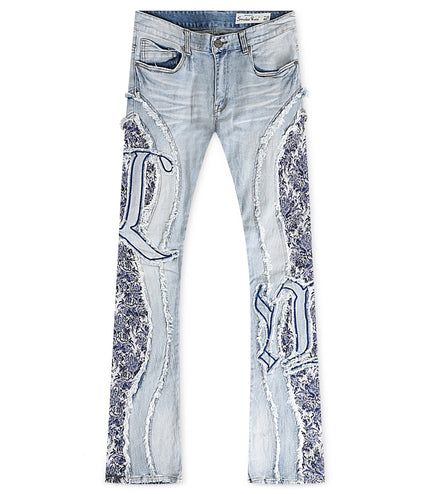 Smoke Rise Tapestry Panel Stacked Jean - Montauk Blue