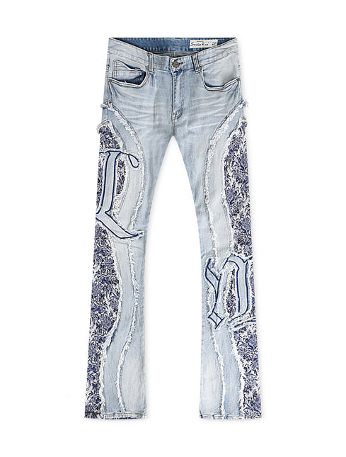 Smoke Rise Tapestry Panel Stacked Jean - Montauk Blue