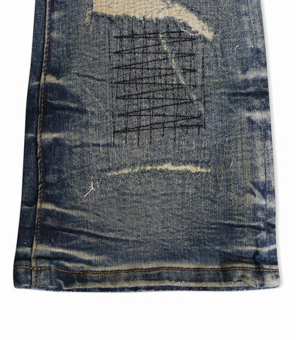 Damati Distressed Stacked Fit Jeans - Vintage Blue