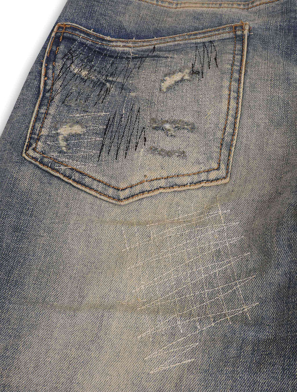 Damati Distressed Stacked Fit Jeans - Vintage Blue