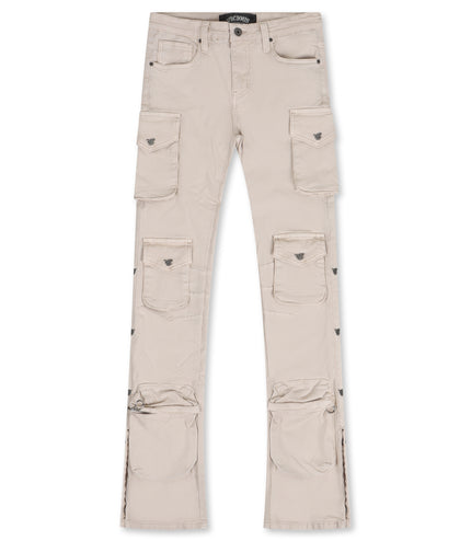 Vicious Denim Multi Cargo Flare Jeans W/ Metal Rivet Detail - Light Beige