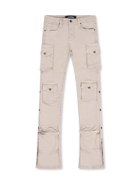 Vicious Denim Multi Cargo Flare Jeans W/ Metal Rivet Detail - Light Beige