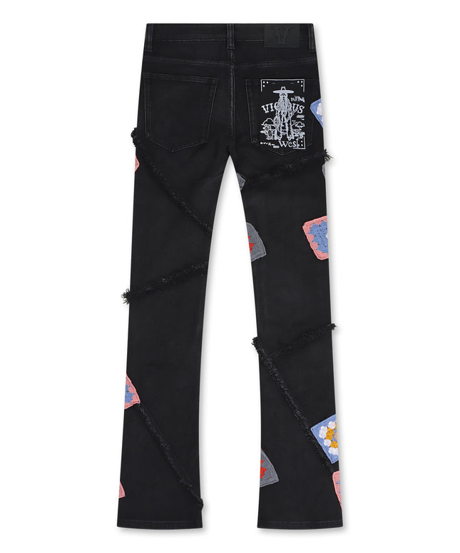 Vaqueros acampanados con parches florales de crochet de Vicious Denim - Negro
