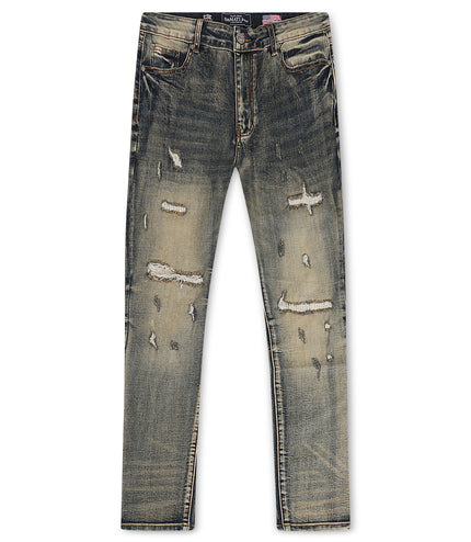 Damati  Distressed Slim Fit Stretch Jeans - Tan Blue