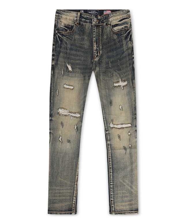 Damati  Distressed Slim Fit Stretch Jeans - Tan Blue