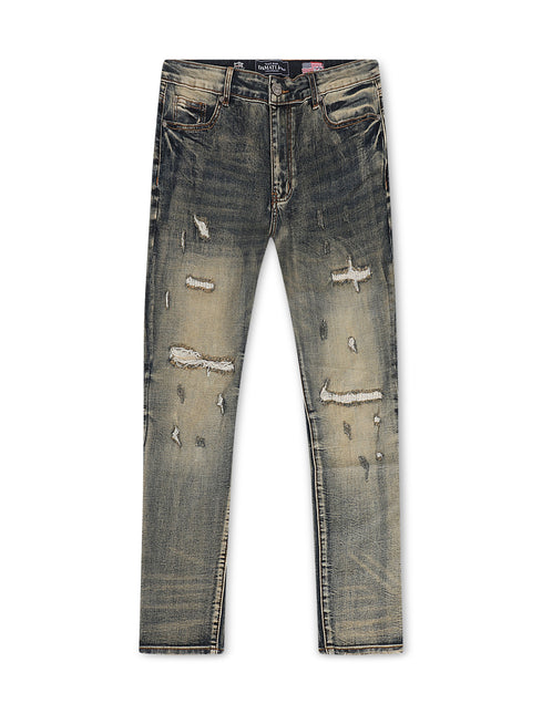 Damati  Distressed Slim Fit Stretch Jeans - Tan Blue