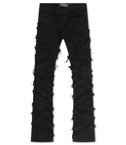Vicious Denim Cargo Shredded Rhinestone Stacked Jeans - Black
