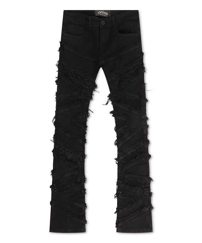 Vicious Denim Cargo Shredded Rhinestone Stacked Jeans - Black
