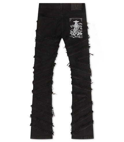 Vicious Denim Cargo Shredded Rhinestone Stacked Jeans - Black