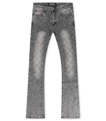 Vicious Denim Cargo All Over Rhinestone Stacked Jeans - Grey