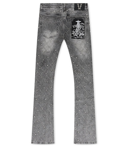 Vicious Denim Cargo All Over Rhinestone Stacked Jeans - Grey