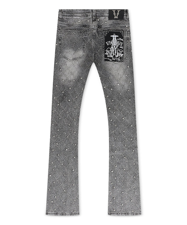 Vicious Denim Cargo All Over Rhinestone Stacked Jeans - Grey