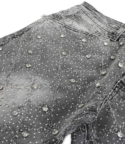 Vicious Denim Cargo All Over Rhinestone Stacked Jeans - Grey