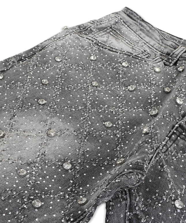 Vicious Denim Cargo All Over Rhinestone Stacked Jeans - Grey