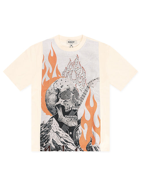 Majestik Mens Rock On Skull Tapestry Jacquard Tee - Eggshell