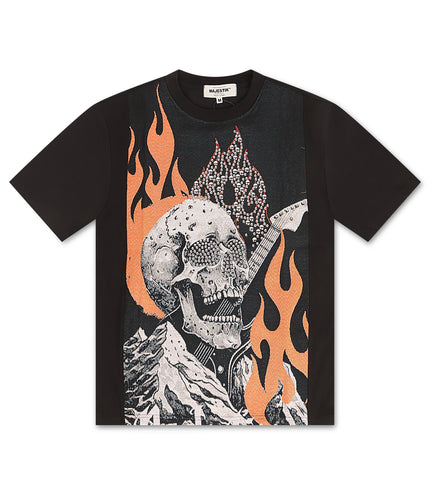 Majestik Mens Rock On Skull Tapestry Jacquard Tee - Black