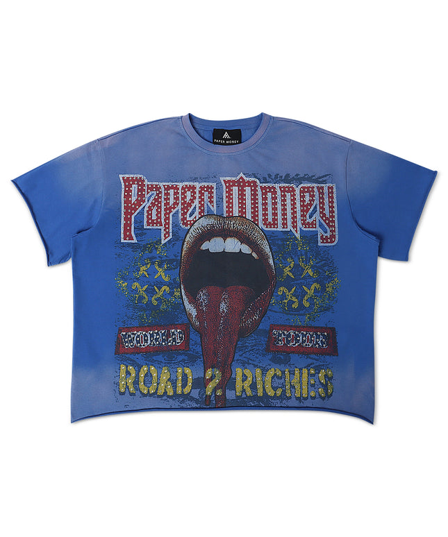 Paper Money Fortune Rhinestone Cropped Tee - Blue
