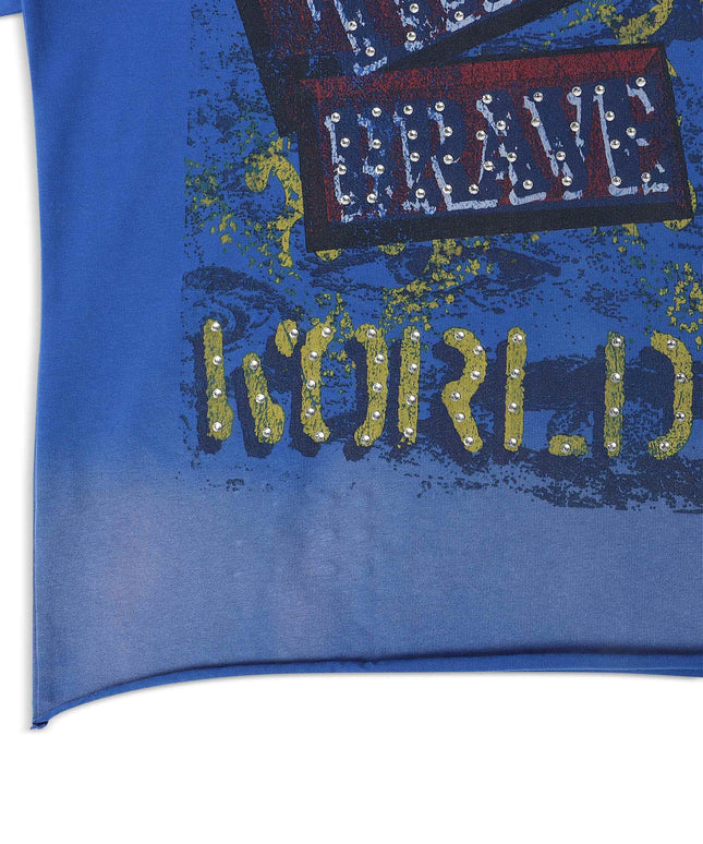 Paper Money Fortune Rhinestone Cropped Tee - Blue