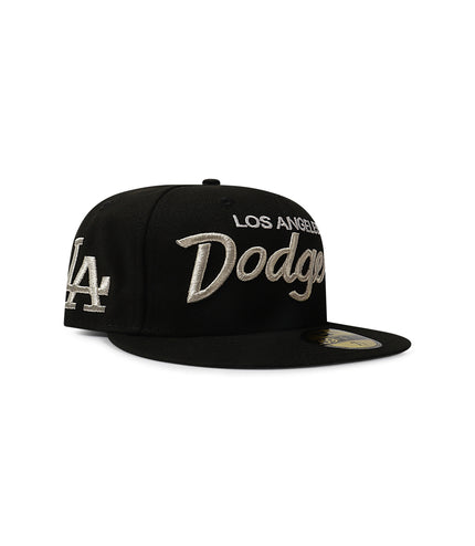 New Era 5950 Dodgers Side LA Metallic Script Hat - Black/Silver