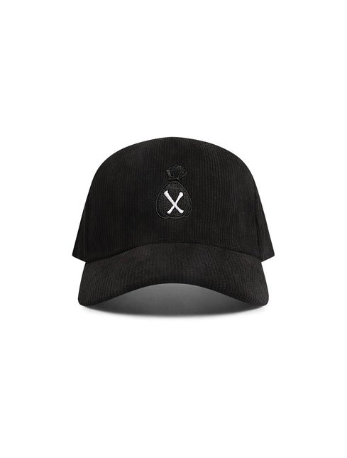 A black corduroy baseball cap with a small white embroidered logo on the front, set against a plain white background.