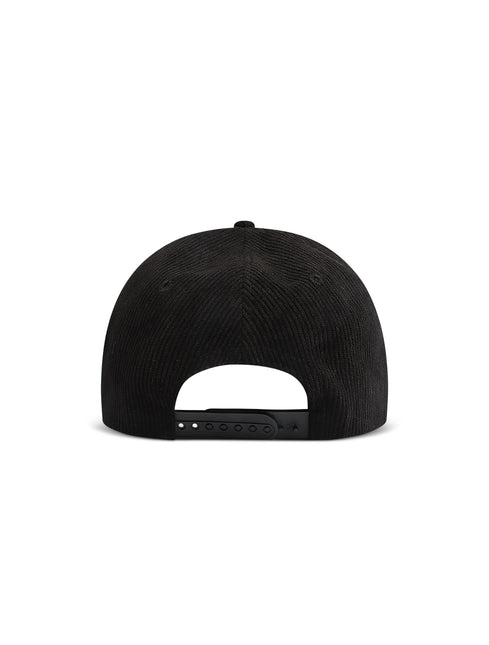 Back view of a black corduroy Us or Nothing Moneybag snapback hat featuring a textured fabric and plastic strap.