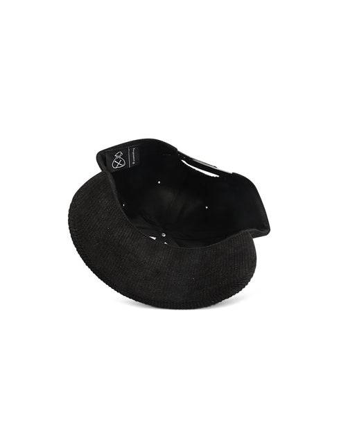 A black knit visor hat with a curved brim, photographed from an overhead angle on a clean white background.
