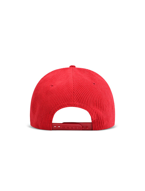 The back view of a red corduroy snapback cap on a solid white background.