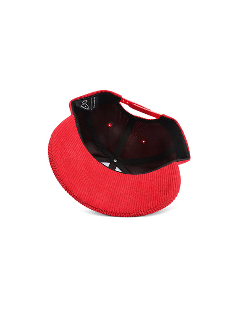 Us or Nothing Moneybag corduroy baseball cap in red, featuring a black mesh interior and adjustable plastic snapback.