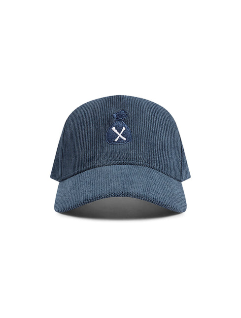 Us or Nothing navy blue corduroy baseball cap with an embroidered white moneybag logo on the front against white.