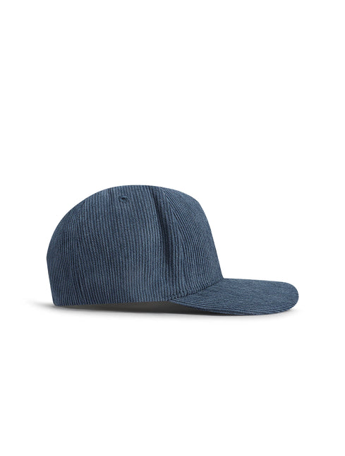 Us or Nothing Moneybag baseball hat in a deep navy blue corduroy fabric with a classic curved brim side profile view.