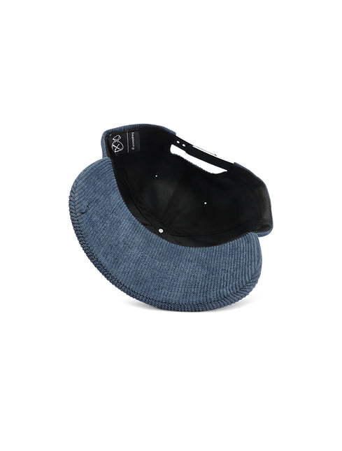 Us or Nothing navy blue corduroy hat featuring a textured ribbed finish, black interior lining, and an adjustable strap.