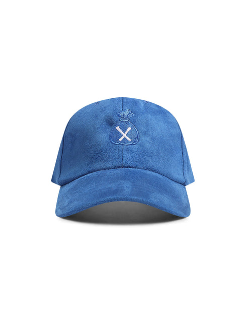 Us or Nothing blue suede baseball cap with a white embroidered moneybag and crossed keys logo centered on the front.