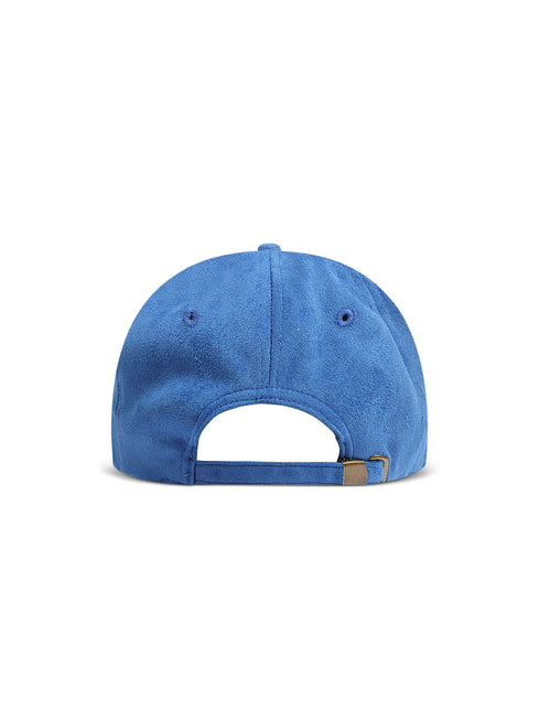 A blue fabric baseball cap shown from the back, featuring a curved snapback strap with a small tan leather accent.
