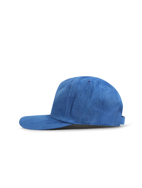 A blue five-panel baseball cap with a curved brim, shown from a side profile on a clean white background.
