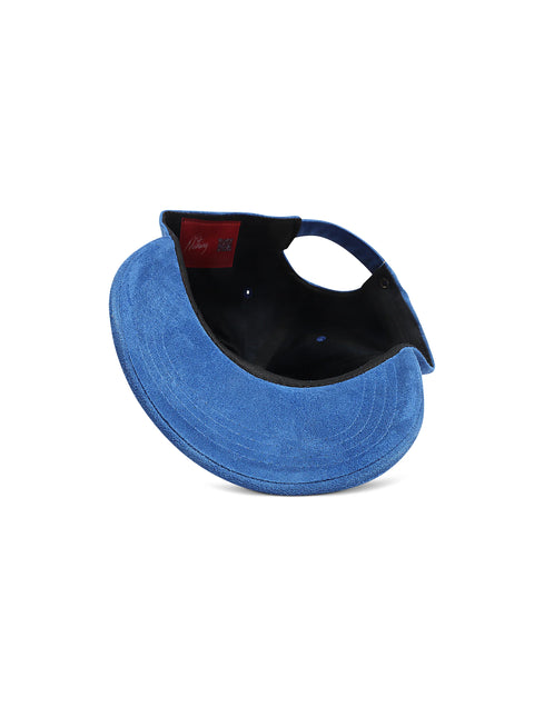 Us or Nothing blue suede baseball hat, shown from an angled underside view featuring a black interior and red label.