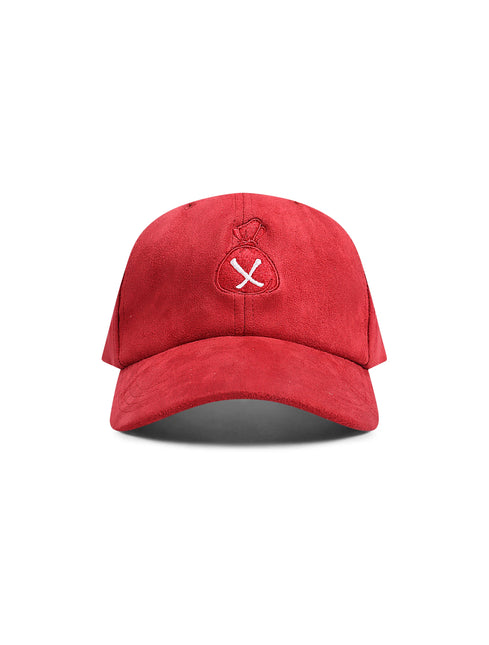 Burgundy suede baseball hat by Us or Nothing, featuring a white embroidered moneybag logo on the front crown.