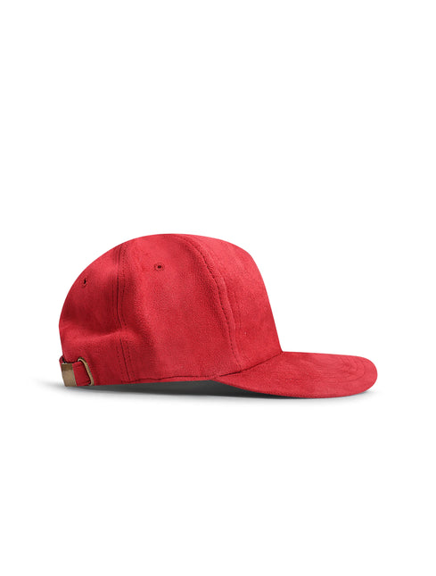 A red baseball cap with a curved brim and an adjustable strap closure, shown from a side profile on a clean white background.