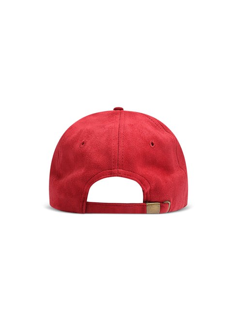 Back view of a burgundy Us or Nothing moneybag suede baseball hat featuring an adjustable strap with a brass buckle.