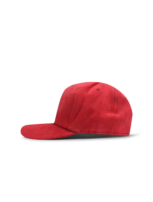 A red five-panel baseball cap with a curved brim, shown in a side profile view against a plain white background.