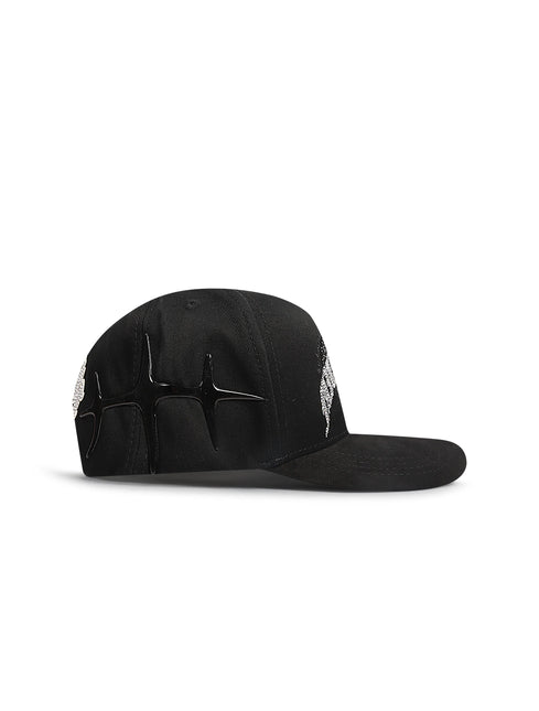 Black Piece Of Art Faith in Motion hat featuring a shiny black 3D cross emblem on the side and metallic silver detail.