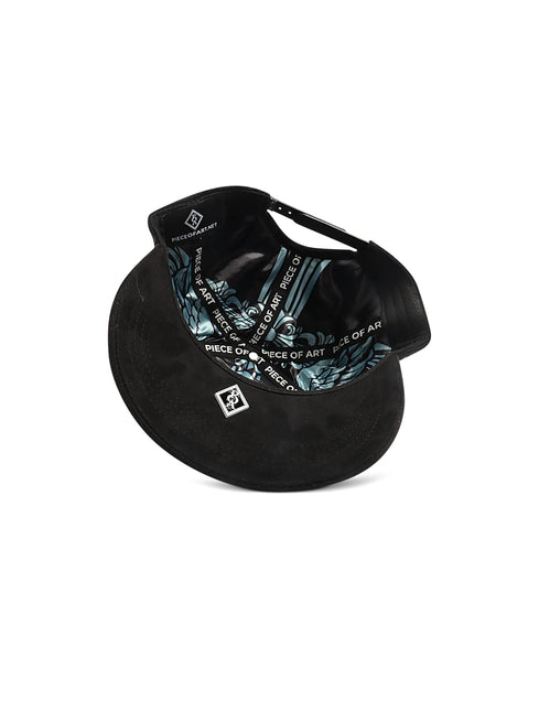Piece Of Art Faith in Motion snapback hat in black suede with a blue and white decorative satin inner lining.
