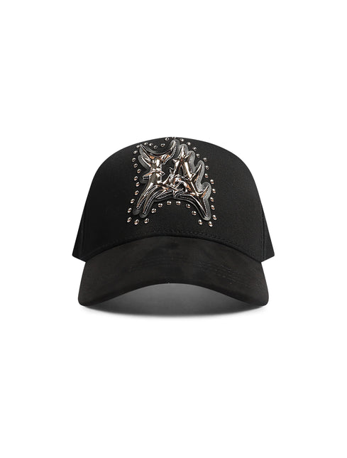 Piece Of Art LA emblem hat in black with a polished chrome, gothic-style metal LA logo patch and silver stud accents.