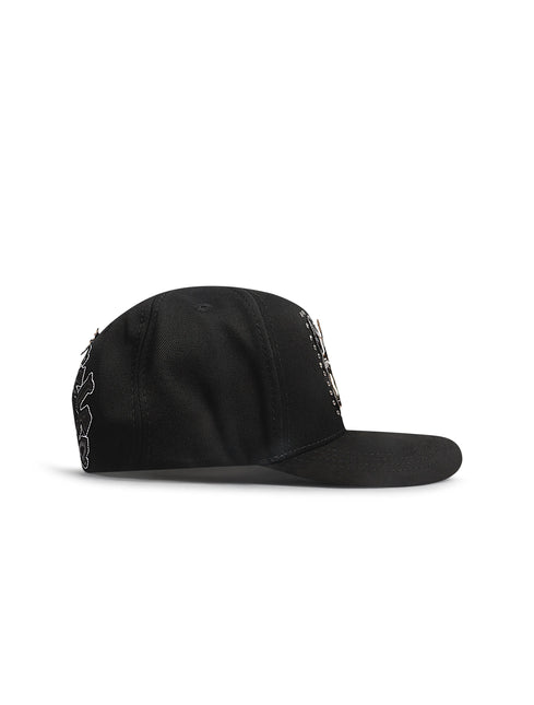 Black cap with red and white logo on a white background